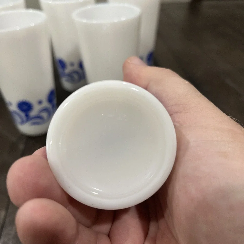 VINTAGE 6 Hazel Atlas Hazelware Blue Cornflower Daisy Milk Glass Tumbler Corning